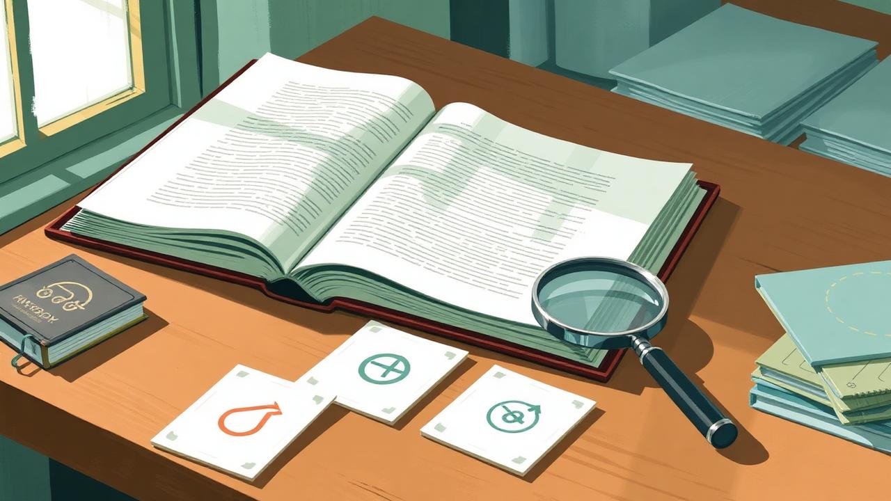 An open book on a wooden desk beside sorting cards and a magnifying glass.