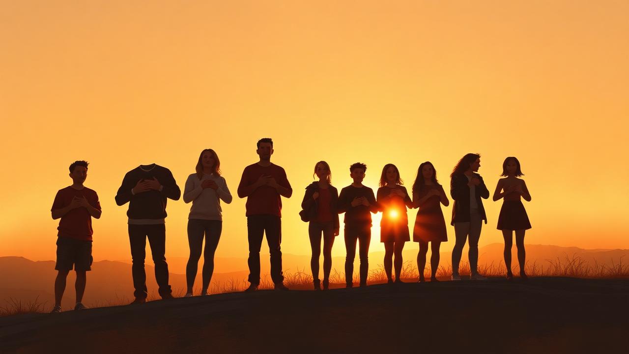 A group of people stand together on a hilltop at sunset, hands to their hearts.